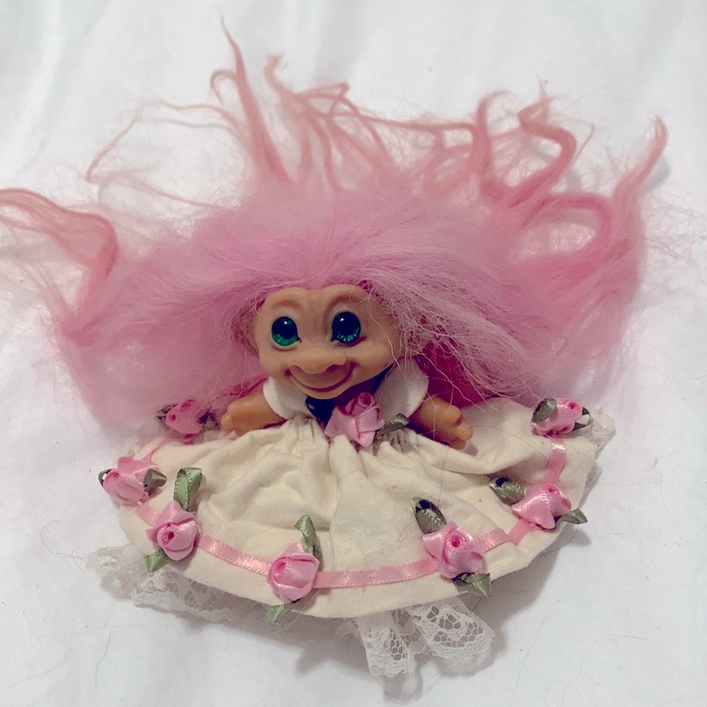 Vintage troll doll with pink rose dress